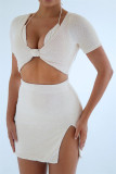Light Apricot Fashion Sexy Solid Patchwork Slit V Neck Short Sleeve Three-piece Set