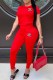 Red Fashion Casual Hot Drilling Patchwork O Neck Short Sleeve Two Pieces