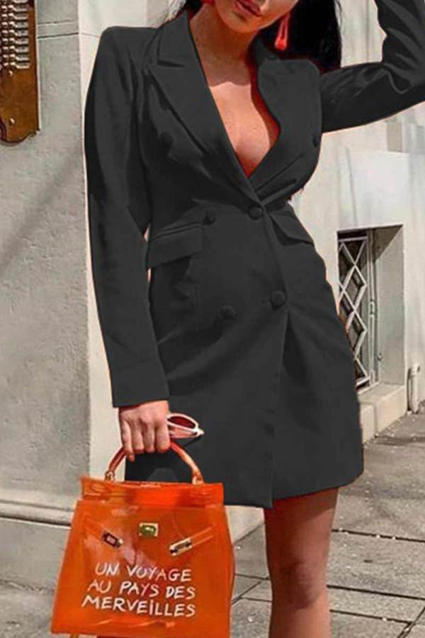 Black Casual Solid Patchwork Buckle Turn-back Collar Outerwear