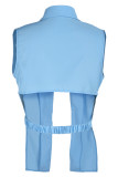 Light Blue Fashion Sexy Solid Patchwork Turndown Collar Tops