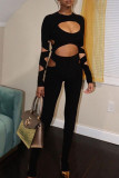Black Sexy Solid Hollowed Out Patchwork O Neck Skinny Jumpsuits
