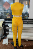 Yellow Sexy Solid Patchwork Buckle See-through Fold O Neck Sleeveless Two Pieces