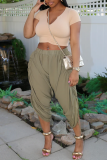 Apricot Fashion Casual Solid Patchwork V Neck Short Sleeve Two Pieces