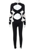 Black Sexy Solid Hollowed Out Patchwork O Neck Skinny Jumpsuits