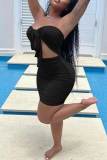 Black Sexy Solid Hollowed Out Patchwork Knotted Strapless Pencil Skirt Dresses