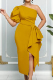Yellow Celebrities Elegant Solid Patchwork Flounce Asymmetrical Oblique Collar Evening Dress Dresses