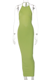 Yellow Fashion Solid Backless Halter Pencil Skirt Dresses