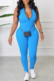 Blue Fashion Casual Sportswear Solid Patchwork Zipper Collar Skinny Jumpsuits