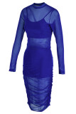Blue Sexy Solid Patchwork See-through Fold O Neck Long Sleeve Three Pieces