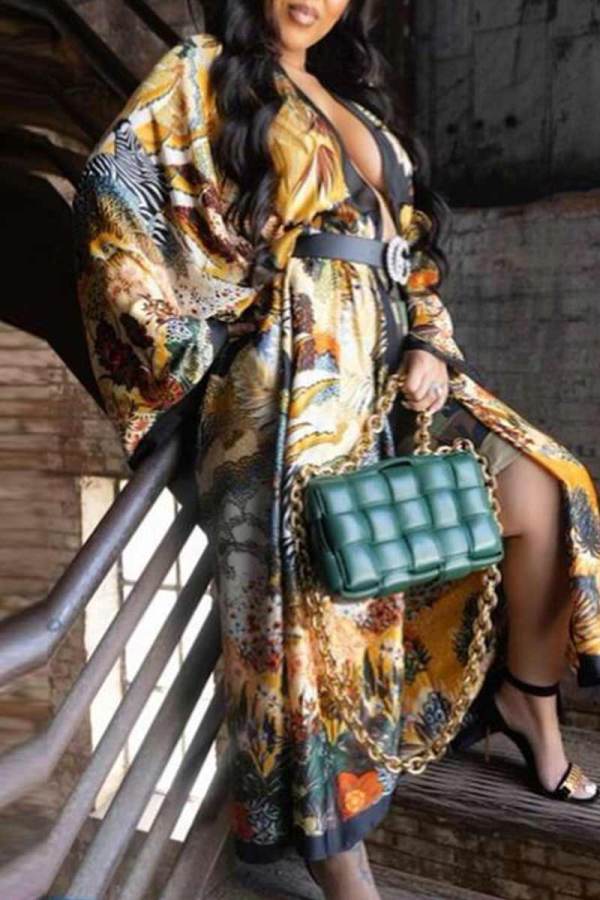 Yellow Black Fashion Casual Print Patchwork Outerwear(Without Belt)