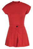 Pink Sexy Solid Patchwork Half A Turtleneck Sleeveless Two Pieces