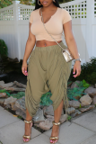Apricot Fashion Casual Solid Patchwork V Neck Short Sleeve Two Pieces
