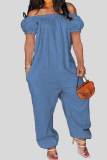 Blue Casual Solid Patchwork Off the Shoulder Loose Jumpsuits