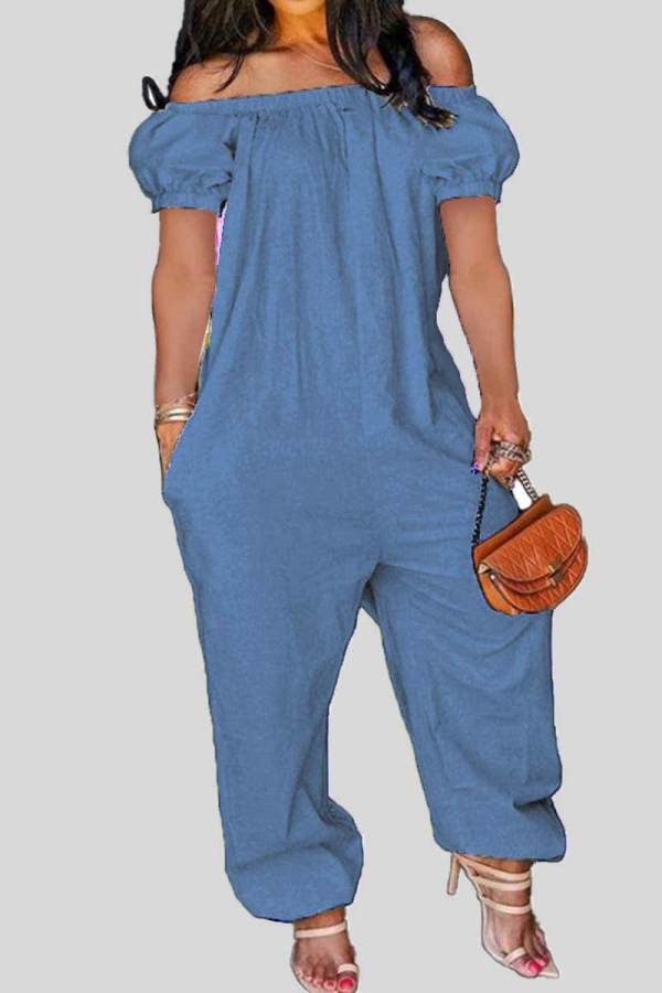 Blue Casual Solid Patchwork Off the Shoulder Loose Jumpsuits