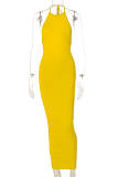 Yellow Fashion Solid Backless Halter Pencil Skirt Dresses