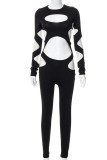 Black Sexy Solid Hollowed Out Patchwork O Neck Skinny Jumpsuits