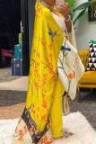 Yellow Fashion Casual Print Patchwork Outerwear(Without Belt)