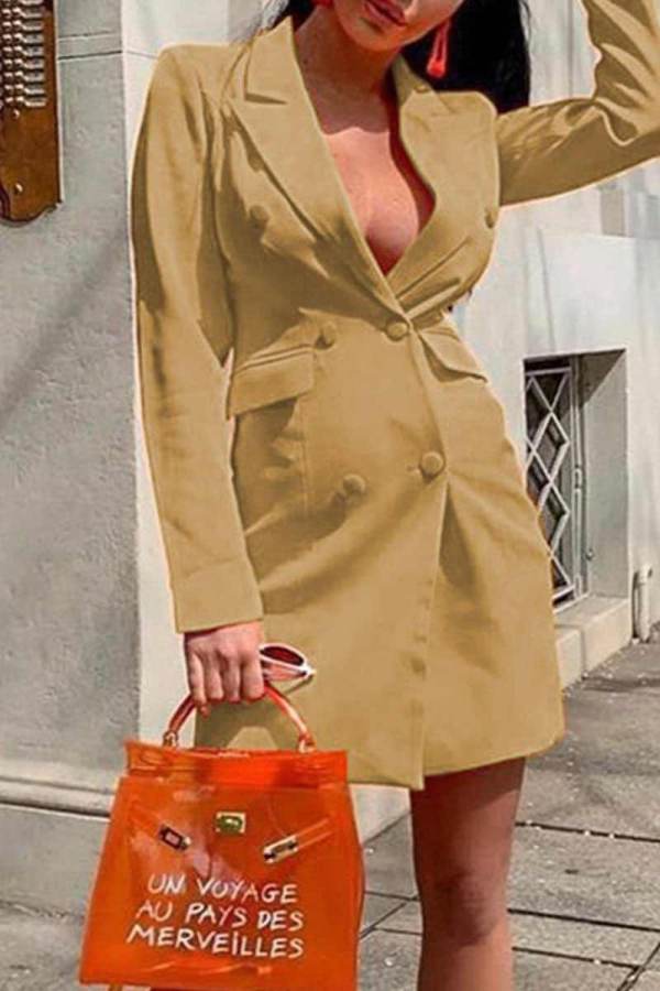 Khaki Casual Solid Patchwork Buckle Turn-back Collar Outerwear