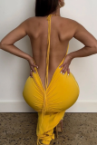 Yellow Fashion Solid Backless Halter Pencil Skirt Dresses
