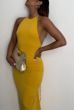 Yellow Fashion Solid Backless Halter Pencil Skirt Dresses
