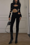 Black Sexy Solid Hollowed Out Patchwork O Neck Skinny Jumpsuits