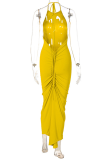 Yellow Fashion Solid Backless Halter Pencil Skirt Dresses