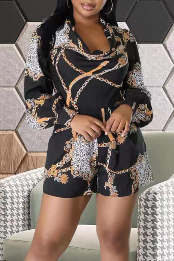 Black Casual Print Patchwork Backless V Neck Straight Rompers