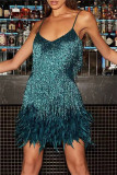 White Fashion Sexy Patchwork Sequins Feathers V Neck Sling Dress