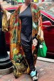 Dark Yellow Fashion Casual Print Patchwork Outerwear(Without Belt)
