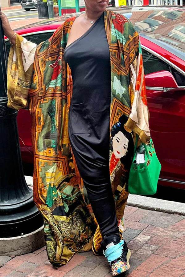 Dark Yellow Fashion Casual Print Patchwork Outerwear(Without Belt)