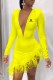 Yellow Fashion Sexy Print Patchwork V Neck Irregular Dress Dresses