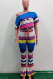 Blue Casual Striped Print Patchwork Oblique Collar Short Sleeve Two Pieces