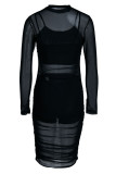 Black Sexy Solid Patchwork See-through Fold O Neck Long Sleeve Three Pieces