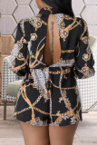 Black Casual Print Patchwork Backless V Neck Straight Rompers