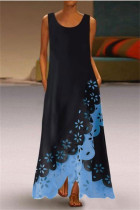 Light Blue Fashion Casual Patchwork Hollowed Out Asymmetrical O Neck Sleeveless Dress Dresses