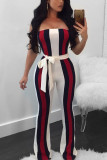 White Fashion Sexy Print Striped Patchwork Sleeveless one word collar Jumpsuits