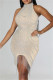 Apricot Fashion Sexy Patchwork Hot Drilling Tassel Half A Turtleneck Sleeveless Dress