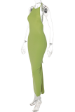 Yellow Fashion Solid Backless Halter Pencil Skirt Dresses