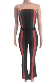 Black Fashion Sexy Print Striped Patchwork Sleeveless one word collar Jumpsuits