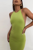 Yellow Fashion Solid Backless Halter Pencil Skirt Dresses