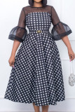 Black Elegant Print Polka Dot Patchwork O Neck Princess Dresses