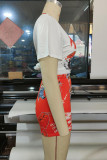 Red Casual Print Patchwork O Neck Short Sleeve Two Pieces