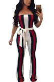 White Fashion Sexy Print Striped Patchwork Sleeveless one word collar Jumpsuits