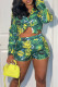 Green Casual Print Patchwork Buckle Turndown Collar Long Sleeve Two Pieces