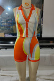 Orange Casual Print Patchwork Buckle V Neck Sleeveless Two Pieces