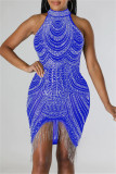 Blue Fashion Sexy Patchwork Hot Drilling Tassel Half A Turtleneck Sleeveless Dress