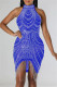 Blue Fashion Sexy Patchwork Hot Drilling Tassel Half A Turtleneck Sleeveless Dress
