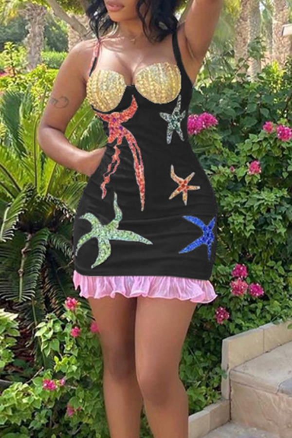 Black Sexy Print Flounce Hot Drill Spaghetti Strap Pencil Skirt Dresses