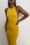 Yellow Fashion Solid Backless Halter Pencil Skirt Dresses
