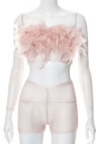 Pink Sexy Solid Patchwork See-through Feathers Strapless Sleeveless Two Pieces
